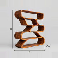 Staggered Bookshelf With Looping Open Compartments dimension diagram with width, height and depth