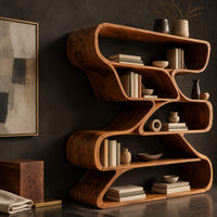 Corner detail of bookshelf of staggered looping open compartments with soft pill shaped ends beside wood, brass and linen samples
