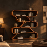 Bookshelf of staggered looping open compartments with soft pill shaped ends in a dark living room at golden hour