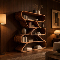 Bookshelf of staggered looping open compartments with soft pill shaped ends in an evening living room with walnut wall paneling