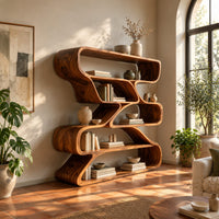 Bookshelf of staggered looping open compartments with soft pill shaped ends in a bright living room with arched windows and plants