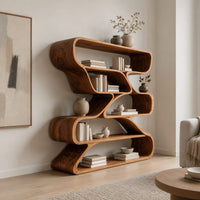 Bookshelf of staggered looping open compartments with soft pill shaped ends in a Scandinavian living room with white walls