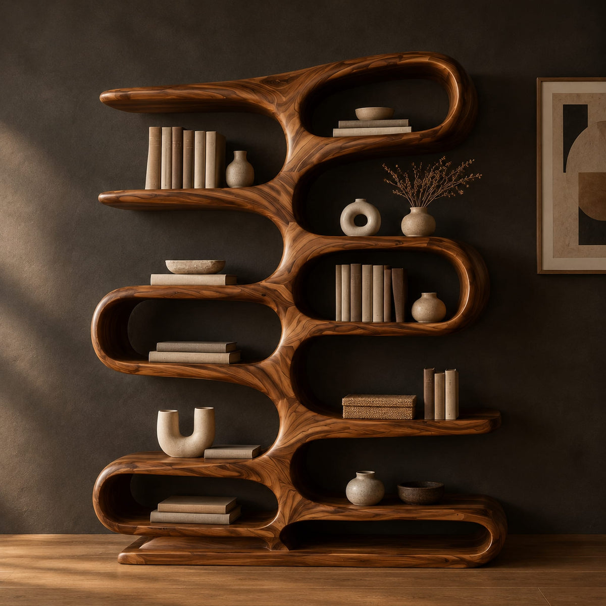 Wide bookshelf of staggered pill shaped loops with flat shelves between them in a dark studio against a charcoal plaster wall