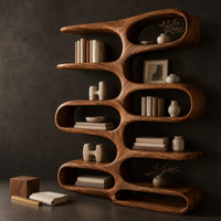 Corner detail of wide bookshelf of staggered pill shaped loops with flat shelves between them beside wood, brass and linen samples