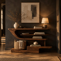 Open shelf console table with staggered shelves on a stepped base in a dark entryway at golden hour