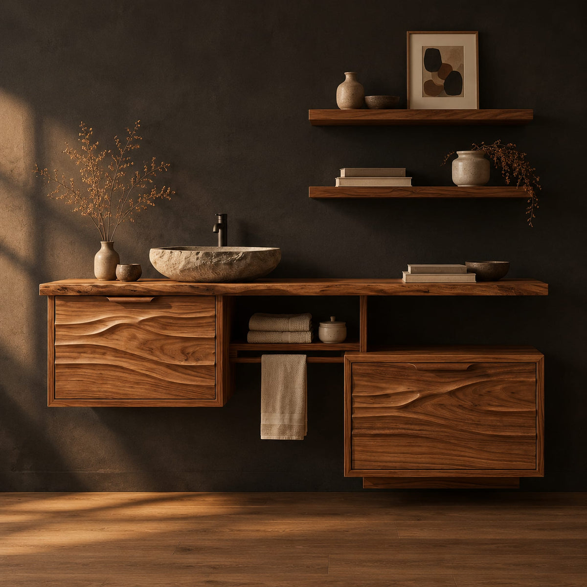 Wooden vanity cabinet with two wave carved fronts at different heights in a dark studio against a charcoal plaster wall