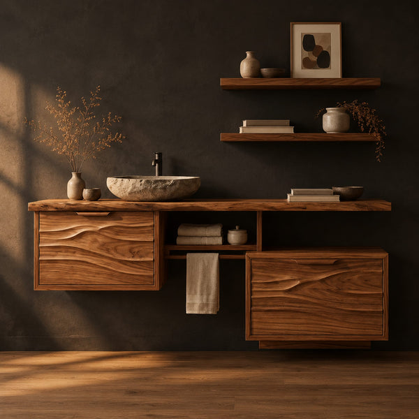 Stepped Bathroom Vanity With Two Wave Carved Fronts
