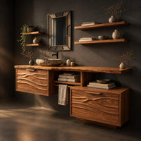 Wooden vanity cabinet with two wave carved fronts at different heights, three-quarter view showing the grain