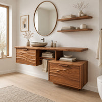 Wooden vanity cabinet with two wave carved fronts at different heights in a Scandinavian bathroom with white walls