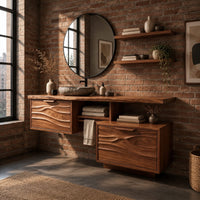 Wooden vanity cabinet with two wave carved fronts at different heights in an industrial loft bathroom with exposed brick