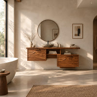 Wooden vanity cabinet with two wave carved fronts at different heights in a bright open plan bathroom