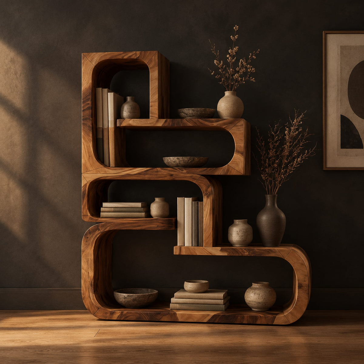 Stepped bookshelf of chunky open cubbies with offset shelves in a dark studio against a charcoal plaster wall