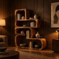 Stepped bookshelf of chunky open cubbies with offset shelves in an evening living room with walnut wall paneling