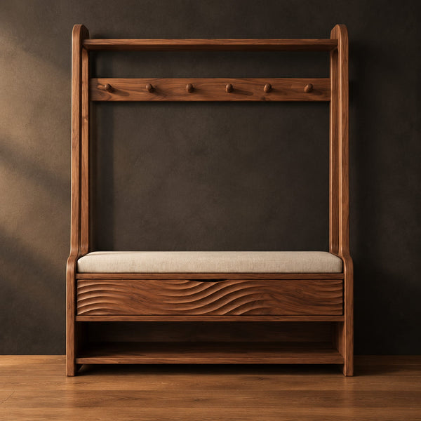 Storage Bench With Coat Pegs And Carved Wave Front Panel