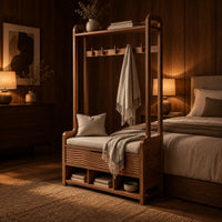 Storage bench with coat pegs, a top shelf, a cushioned seat and open cubbies in an evening bedroom with walnut wall paneling