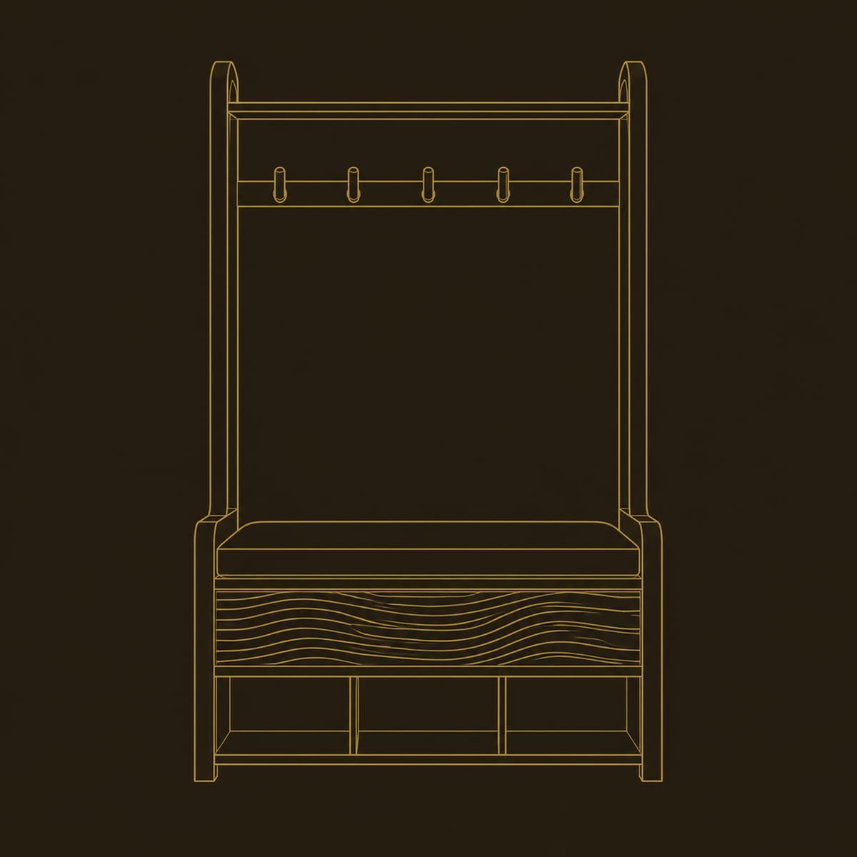 Storage Bench With Coat Pegs, Top Shelf And Wave Carved Panel dimension diagram