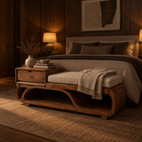 Wood bench with a small drawer and an open wave shaped base in an evening bedroom with walnut wall paneling
