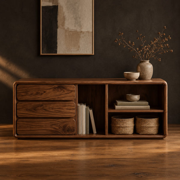Storage Bench With Three Drawers And Open Shelf Bays