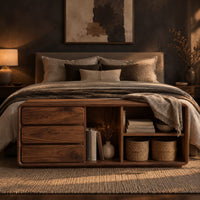 Low storage bench with three stacked drawers and open shelf bays in a dark bedroom at golden hour