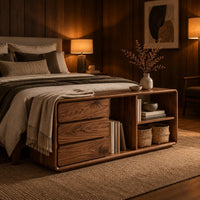Low storage bench with three stacked drawers and open shelf bays in an evening bedroom with walnut wall paneling