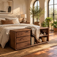 Low storage bench with three stacked drawers and open shelf bays in a bright bedroom with arched windows and plants