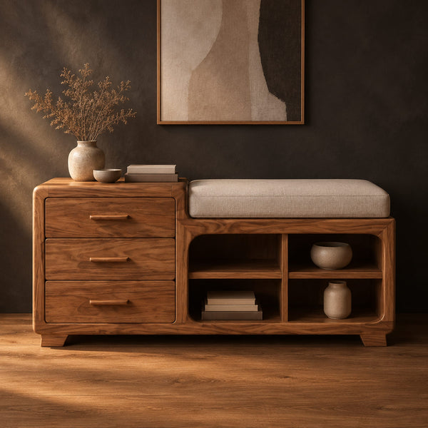 Storage Bench With Three Drawers, Open Cubbies, Cushioned Seat