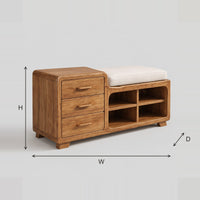 Storage Bench With Three Drawers, Open Cubbies, Cushioned Seat dimension diagram with width, height and depth