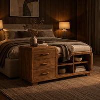 Low wooden bench with three drawers, four open cubbies and a cushioned seat in an evening bedroom with walnut wall paneling
