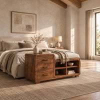 Low wooden bench with three drawers, four open cubbies and a cushioned seat in a bright open plan bedroom