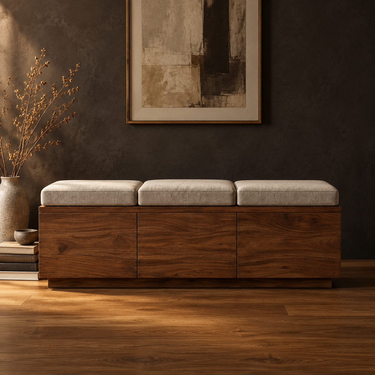 Low wooden bench with three seat cushions and a three panel front in a dark studio against a charcoal plaster wall