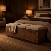 Low wooden bench with three seat cushions and a three panel front in an evening bedroom with walnut wall paneling