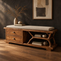 Storage bench with two drawers and a branch shaped open shelf, three-quarter view showing the grain