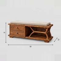 Storage Bench With Two Drawers And Branch Shaped Open Shelf dimension diagram with width, height and depth