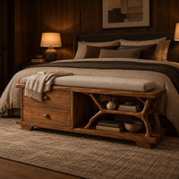 Storage bench with two drawers and a branch shaped open shelf in an evening bedroom with walnut wall paneling