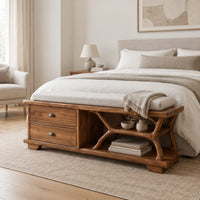 Storage bench with two drawers and a branch shaped open shelf in a Scandinavian bedroom with white walls