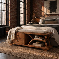 Storage bench with two drawers and a branch shaped open shelf in an industrial loft bedroom with exposed brick