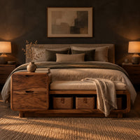 Storage bench with a two drawer end, cushioned seat and open shelf in a dark bedroom at golden hour