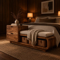Storage bench with a two drawer end, cushioned seat and open shelf in an evening bedroom with walnut wall paneling