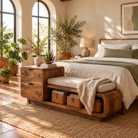 Storage bench with a two drawer end, cushioned seat and open shelf in a bright bedroom with arched windows and plants