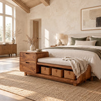 Storage bench with a two drawer end, cushioned seat and open shelf in a bright open plan bedroom