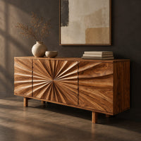 Corner detail of sideboard with a sunburst carved center panel and short legs beside wood, brass and linen samples
