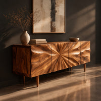 Wood sideboard with a sunburst grain pattern and tapered legs, three-quarter view showing the grain