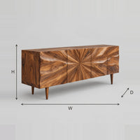 Sunburst Sideboard With Four Rippled Front Panels On Tapered Legs dimension diagram with width, height and depth
