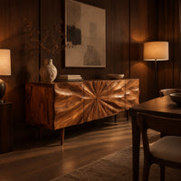 Wood sideboard with a sunburst grain pattern and tapered legs in an evening dining room with walnut wall paneling