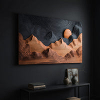 Sunrise mountain wall sculpture with a dark carved sky, three-quarter view showing the carved depth