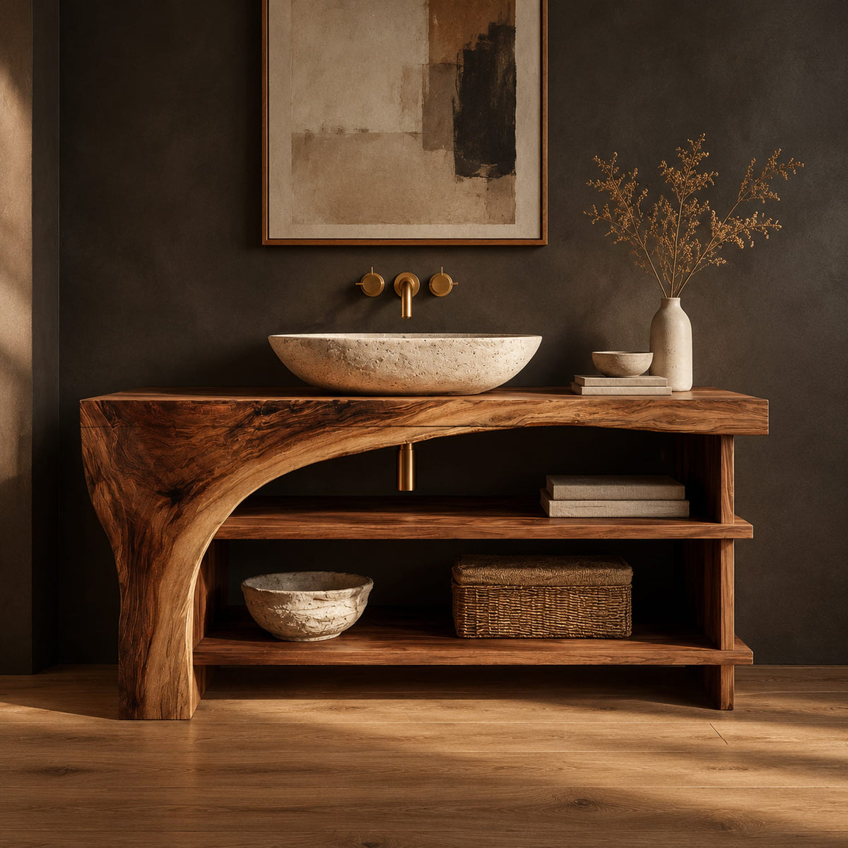 Bathroom vanity with a thick wood top, a sweeping arch support and open shelves in a dark studio against a charcoal plaster wall