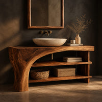 Bathroom vanity with a thick wood top, a sweeping arch support and open shelves, three-quarter view showing the grain