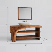 Sweeping Arch Bathroom Vanity With Thick Top And Open Shelves dimension diagram with width, height and depth