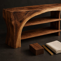 Corner detail of bathroom vanity with a thick wood top, a sweeping arch support and open shelves beside wood, brass and linen samples