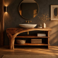 Bathroom vanity with a thick wood top, a sweeping arch support and open shelves in a dark bathroom at golden hour